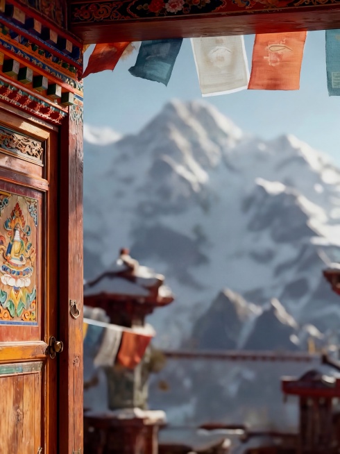 移除图片中的风铃，保留原有的藏式木门、经幡、雪山背景，保持整体风格和光影自然一致预览效果