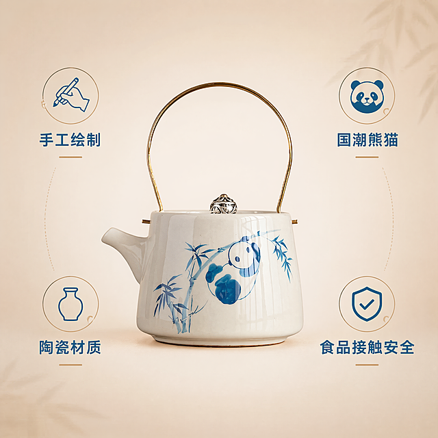[主图-2] 熊猫竹枝提梁陶瓷茶壶核心卖点展示
[氛围风格] 新中式简洁风，突出手绘工艺质感
[画质] 商业摄影质感、光线柔和通透、产品清晰真实、画面干净高级，保持熊猫竹枝提梁陶瓷茶壶外观（即物理结构、材质质感、颜色）与输入产品图绝对一致，杜绝任何变形和色差，精细化处理。画面满屏无边框
[元素] 茶壶居中放置，周围环绕四个核心卖点区域，每个卖点配小图标和短句，背景为浅米色渐变，整体干净透气，卖点清晰
[光影] 均匀棚拍柔光，从正面打光，清晰展示茶壶釉面和手绘纹理，高光柔和，无生硬阴影
[配色] 主色米白，青花蓝作为卖点文字色，浅木色作为装饰色，对比清晰干净
[视角构图] 正面平视构图，产品主体突出，卖点环绕布局层次分明
[文字版式] 四个卖点环绕茶壶均匀分布，每个卖点上方是小图标，下方是文字：左上「手工绘制」，右上「国潮熊猫」，左下「陶瓷材质」，右下「食品接触安全」，字体简洁无衬线，颜色清晰对比，不遮挡产品主体
[比例分辨率] 1:1比例，2048*2048，4K分辨率，文字清晰锐利，画面超高清
[负向提示词] 变形，水印，文字错乱，产品图模糊，背景杂乱，文字遮挡主体，配色暗沉