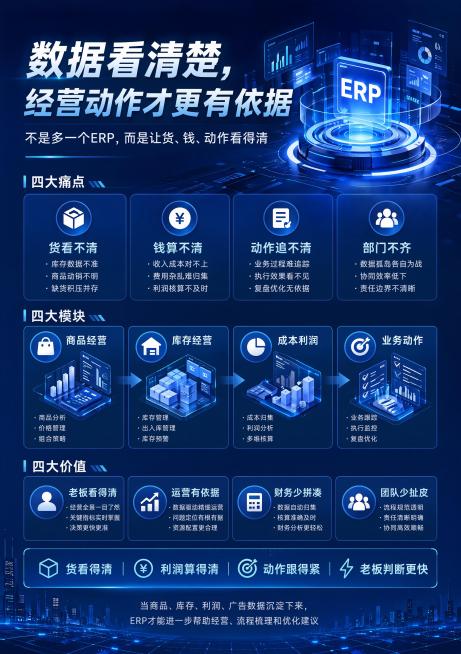 AI科技风格ERP企业经营管理宣传海报，延续之前设计风格，整体深蓝色渐变背景，设计感强，排版灵活，文字条理清晰。主标题："数据看清楚，经营动作才更有依据"，副标题："不是多一个ERP，而是让货、钱、动预览效果