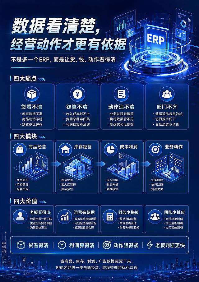 AI科技风格ERP企业经营管理宣传海报，延续之前设计风格，整体深蓝色渐变背景，设计感强，排版灵活，文字条理清晰。主标题："数据看清楚，经营动作才更有依据"，副标题："不是多一个ERP，而是让货、钱、动作看得清"。内容包含：四大痛点（货看不清、钱算不清、动作追不清、部门不齐），四大模块（商品经营、库存经营、成本利润、业务动作），四大价值（老板看得清、运营有依据、财务少拼凑、团队少扯皮）。底部标签："货看得清｜利润算得清｜动作跟得紧｜老板判断更快"，底部补充小字："当商品、库存、利润、广告数据沉淀下来，ERP才能进一步帮助经营、流程梳理和优化建议"。整体保持AI科技感，版面层次清晰，版式精美，符合A4比例，4K画质。