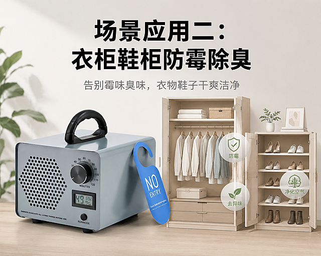 主文案"场景应用二：衣柜鞋柜防霉除臭"居中放大粗黑字体，副文案"告别霉味臭味，衣物鞋子干爽洁净"居下纤细浅色字体，版式对齐统一。沿用同款简约家用风背景，画面左侧摆放产品实拍，右侧搭配简约衣柜/鞋柜场景插画（打开的衣柜、鞋柜），构图左右均衡，突出“防霉除臭”核心需求，风格统一。高清8K画质，光影色调、质感风格与前屏保持一致，产品细节、场景插画清晰，色彩柔和，无模糊噪点，贴合家用温馨感