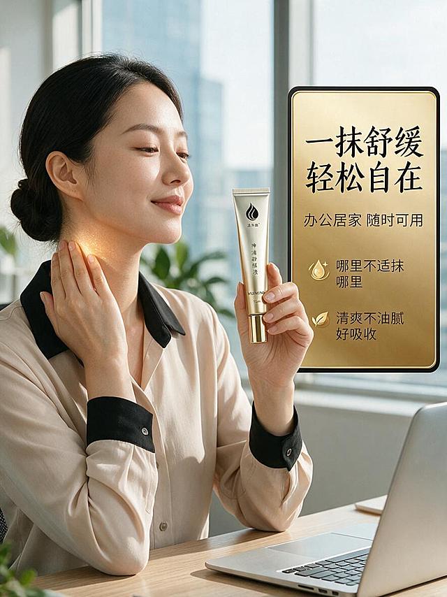 [商品] 使用【图2】中的软管舒缓液产品，保留金色软管外观、Logo和文字；产品在人物手中清晰可见。
[画面] 人物使用页，亚洲年轻职场女性坐在办公桌前，穿着职业装，正在用手指将产品涂抹在肩颈部位，表情放松舒适。桌上有笔记本电脑，背景是现代化办公室环境，光线明亮。产品拿在另一只手上，瓶身清晰。中景景别，肩线以上半身为主。阅读动线从人物到产品。
[视觉] 套系策略：风格=高端黑金中医养生商业摄影风；标题字=粗黑体+书法体结合；正文字=简洁黑体；主色=黑金（深黑+金色）；背景延展=暖调办公场景，柔和自然光；强调色=暖金色，用于产品高光、标题、涂抹部位微光效果；标题色=深灰/金色；正文色=中灰；组件=侧边信息卡、金色小图标；光影=窗边自然光+室内暖光，人物面部柔和，产品有清晰高光。
[文字] 右侧竖排信息卡（文字横排）：主标题"一抹舒缓 轻松自在"，副标题"办公居家 随时可用"，下方两个小卖点"哪里不适抹哪里""清爽不油腻 好吸收"，文字均为横排排列在信息卡内。
[规格] 淘宝天猫详情页比例3:4竖版，1K分辨率，避免人物表情夸张、医疗化手势、产品变形、错字、极限词。