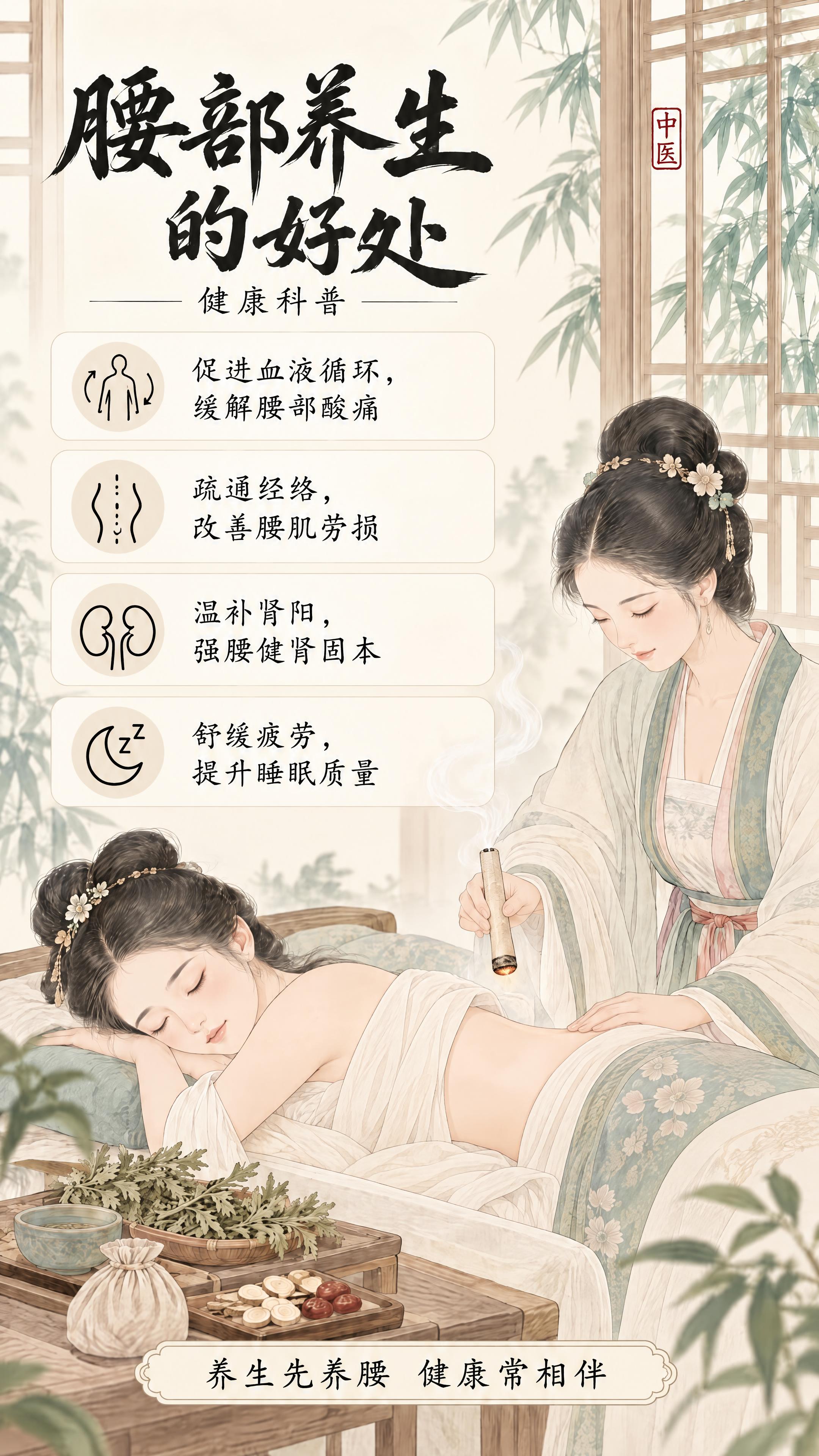 将这张臀部保养海报改成腰部养生主题，保持清爽宋代工笔画风格和竖… - 图片创意预览