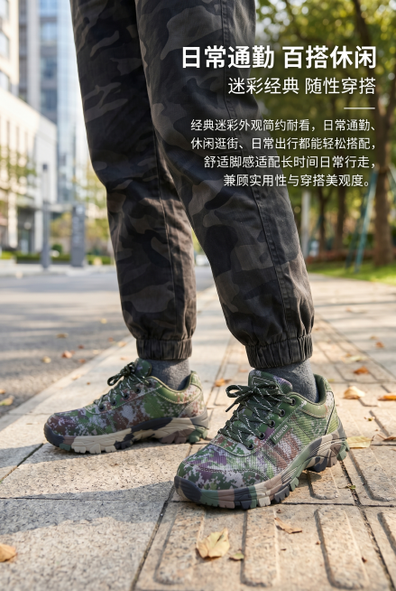 使用场景，日常通勤。城市街道简约场景，搭配休闲工装穿搭，鞋子整体展示，凸显日常百搭质感。主标题"日常通勤 百搭休闲"，副标题"迷彩经典 随性穿搭"，核心文案"经典迷彩外观简约耐看，日常通勤、休闲逛街、预览效果