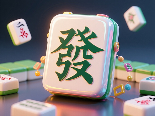 正面视角，麻将3D文字，文字内容为“发“繁体字，周围麻将等元素装饰