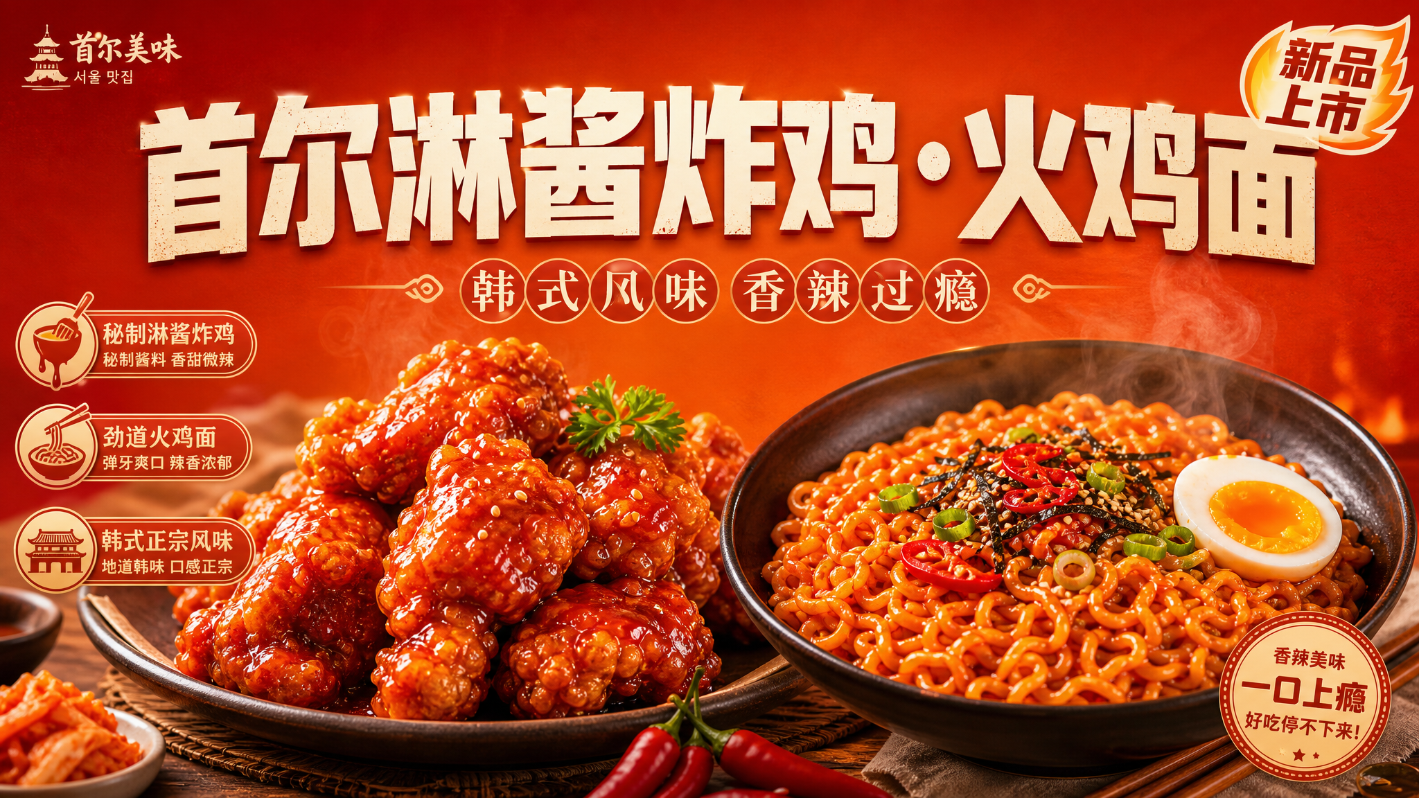 一张韩式美食宣传横版海报，写实商业摄影风格，画面中央偏上位置是… - 图片创意预览