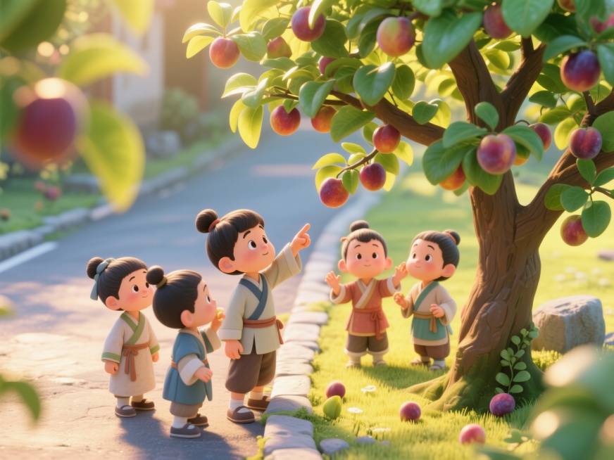 画面中有几个古代装扮的儿童，他们围在道路旁的李子树下，一个男孩正指着李子若有所思，其他孩子有的伸手想摘，有的歪头好奇，树上结满饱满的李子，树叶翠绿，阳光透过树叶洒下暖黄色的光斑，整体氛围充满童真童趣，预览效果