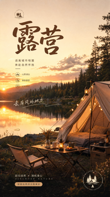 户外露营主题海报，主体为森林湖边黄昏露营场景，包含帐篷、折叠桌椅、露营灯，上方有醒目的标题"露营"文字，整体设计简洁自然，氛围感强，适合作为宣传海报预览效果
