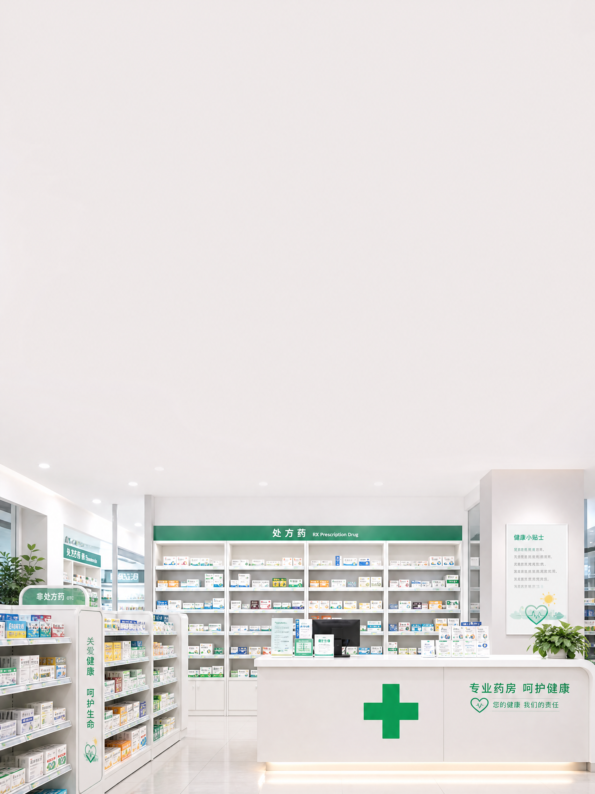 药房药店场景，画面中上部分预留大面积空白区域用于放置产品，现代… - 图片创意预览