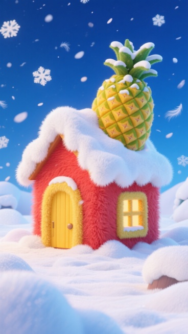 画面中心是红色小房子（黄色门和窗），屋顶覆盖白雪，房顶上有一个巨大的被雪覆盖的菠萝，深蓝色天空，周边飘着白色雪花，地面有积雪预览效果