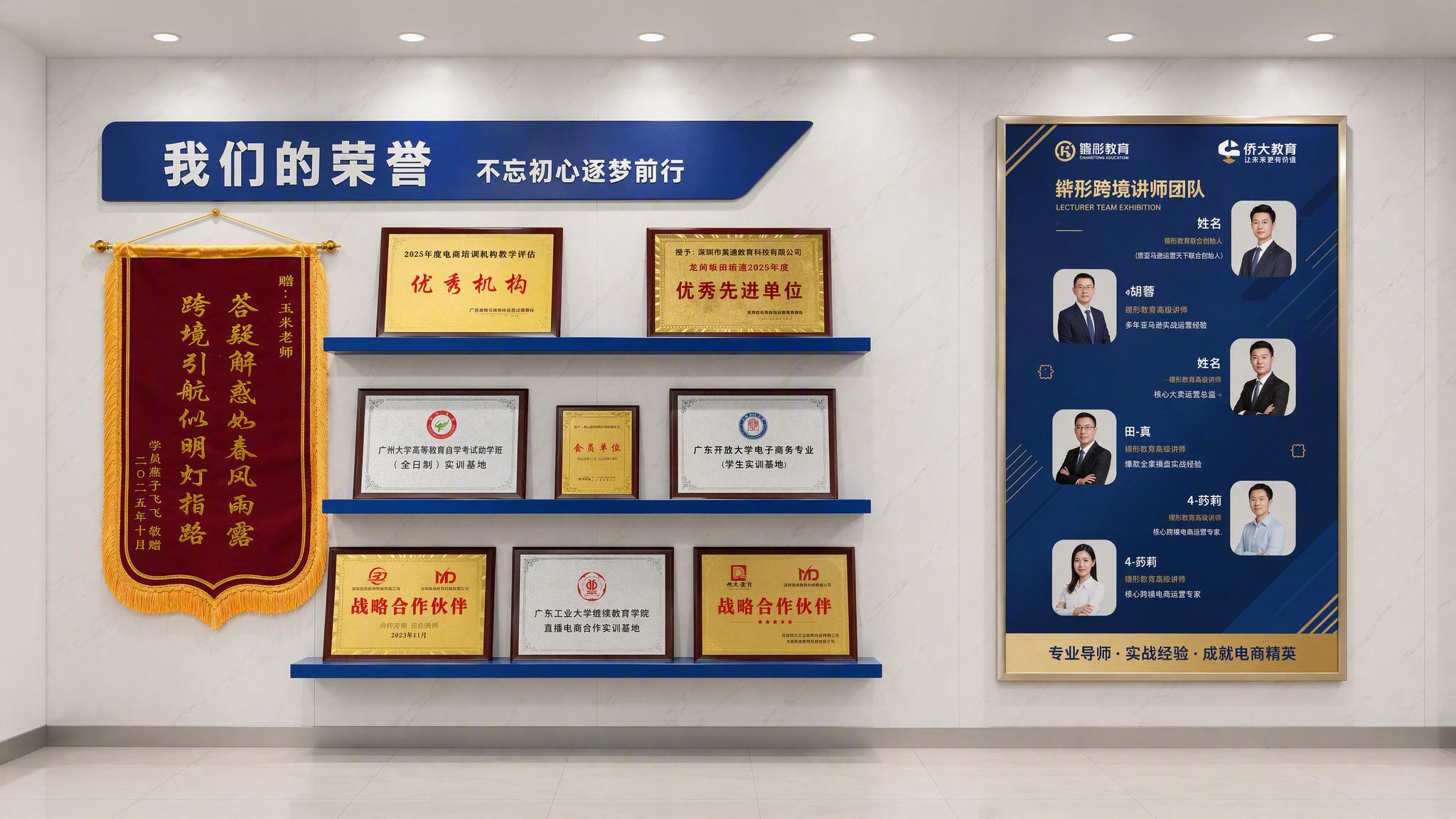 生成同一面墙体上的展示墙效果图，室内教育机构墙面场景，正面视角… - 图片创意预览