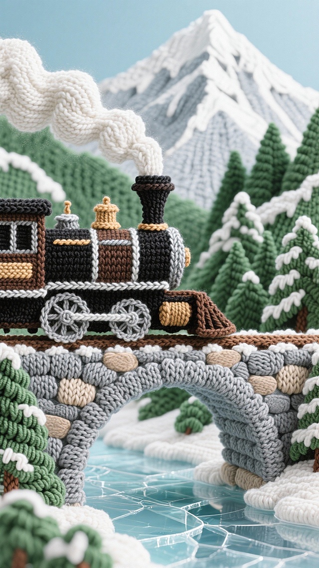 毛发生长风与面料风交织的梦幻插画，软3D质感的针织火车穿越雪域森林，温馨可爱中透出趣味感，微缩艺术风格营造童话冬日奇境。