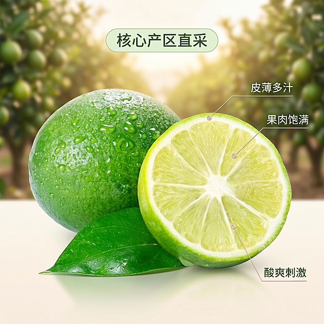 [主图 2] 青柠檬核心卖点展示图，展示新鲜品质与酸甜优势
[氛围风格] 清新自然果园风，突出新鲜真实产地氛围
[画质] 商业摄影质感、光线柔和通透、产品清晰真实、画面干净高级
[元素] 主体为切开的半颗青柠檬，保持青柠檬外观、纹理、颜色和输入产品图绝对一致，杜绝变形色差。用纤细引线分别标注：「皮薄多汁」指向果皮位置，「果肉饱满」指向果肉位置，「酸爽刺激」指向果瓣纹理。背景为虚化的青柠果园远景，整体干净不抢主体。商品主体占比约 65%，画面满铺无边框
[光影] 自然暖阳逆光，凸显果肉水润通透质感，轮廓清晰，光线柔和均匀
[配色] 主色调自然清新绿色，搭配原木色和浅黄果肉，干净舒服
[视角构图] 平视特写视角，主体居中，景深适中，突出细节标注
[文字版式] 引线纤细浅色，标注文字小而清晰，深绿色字，对应每个部位，不遮挡主体。上方居中放置主标题「核心产区直采」，浅绿底深绿字小标签，简洁清晰
[比例分辨率] 1:1 比例，2k 分辨率，文字清晰锐利，超高清
[负向提示词] 变形，水印，文字错乱，产品图模糊，背景杂乱，引线遮挡主体，文字不清晰