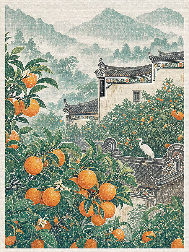 参照参考图的版画装饰风格，生成江西赣南12月脐橙种植园场景，包含赣南脐橙树、当地特色客家房屋、一只当地小动物，体现冬季湿润雾蒙的气候特征，高饱和度色彩突出橙子果实，保留中式留白构图，呈现中式艺术风格，版画纹理质感和参考图一致