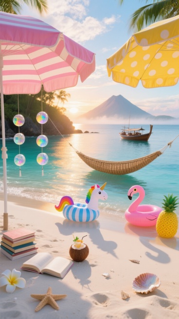 俯瞰视角，热带岛屿边缘的隐秘海湾，清晨六点的阳光以30度角斜切海面，将海水染成渐变的孔雀蓝与琥珀金，巨大的彩色遮阳伞（左侧粉白条纹/右侧明黄波点）在细腻如粉末的象牙白沙滩上投下几何阴影，伞下散落着几本翻开的书和半融化的椰子冰饮。五只透明亚克力浮球串联成的风铃在微风中轻摆，折射出彩虹光谱。离岸十米处，一只半浸在水中的藤编吊床随波轻轻摇晃，旁边漂浮着三个充气玩具——蓝白条纹的独角兽、荧光粉火烈鸟和……预览效果