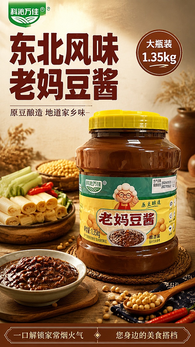 [第1屏] 详情页头图主视觉-科沁万佳老妈豆酱1.35kg大瓶装产品宣传海报。本屏使用【图1】作为商品主体，保持瓶身造型、黄色瓶盖、标签配色、老妈卡通形象与产品名称完全一致。
[氛围/风格] 东北家常烟火气，暖棕米色调，温馨接地气的美食摄影质感，参考东北鸡蛋酱详情页复古大字标题风格。
[元素布局] 老妈豆酱大瓶置于画面中央偏右，占比约55%；左侧留出标题区；背景为浅米色木纹桌面，点缀黄豆、红辣椒、一碗盛出的豆酱、干豆腐卷等东北蘸酱菜元素；顶部有品牌标识角标。
[光影质感] 左上方柔和自然光，瓶身有自然高光，底部有柔和投影，整体温暖明亮。
[配色色系] 全局底色 #F5E6D3（浅米棕）；主色深棕红标题+暖黄点缀；辅助色豆绿、红辣椒色。
[视角构图] 正面微俯视，产品为视觉中心，阅读动线左上标题→中央产品→底部卖点条。
[文字版式] 左上大标题区。主标题「东北风味 老妈豆酱」，粗黑体大字两行；副标题「原豆酿造 地道家乡味」，小字一行；右上角圆形角标「大瓶装 1.35kg」；底部左右两侧小字标语「一口解锁家常烟火气」「您身边的美食搭档」。文字不遮挡瓶身主体。
[比例分辨率] 9:16竖版比例，4K分辨率，文字清晰可辨，高清画质。
[负向提示词] 瓶身变形，瓶盖颜色错误，标签文字错乱，缺件错件，颜色偏差，水印，文字过小，产品图模糊，背景杂乱。