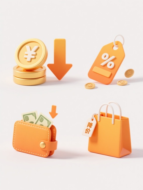 一套4个完全不同元素内容的系列素材集合，保持一致的现代3D渐变风格，规整排布在纯白色纯色背景上，每个元素均以明亮的橙黄色为主色调，搭配白色高光和自然阴影，呈现光滑圆润的质感和立体感。第一个元素：两个堆叠的金色硬币，上面有日元符号，旁边是一个向下的橙色箭头；第二个元素：一个橙色的价格标签，上面有向下的箭头和百分比符号，旁边散落着几枚小硬币；第三个元素：一个打开的橙色钱包，里面露出几张钞票，钱包上……预览效果