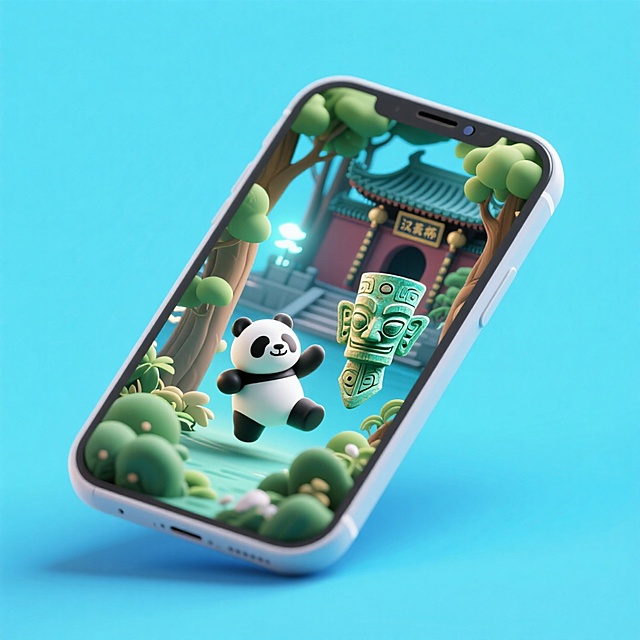 一个手机创意微缩场景，手机平放，侧面对着观众，手机俯视角度，立体的成都景观从屏幕内出来，有熊猫，三星堆，武侯祠，整体色调立体魔幻。青色背景。具有梦幻感,打光营造出柔和氛围强调梦幻和未来感的美学。