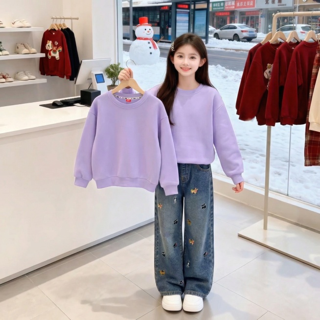 用图1卫衣和裤子替换掉图2的模特身上穿的衣服裤子和模特手里衣架上挂着的衣服，保留原场景光影，保持图2的人物的五官和发饰不变，姿势不变，拍摄角度不变，模特的朝向不变，背景不变，图片宽高尺寸不变，保持图1预览效果