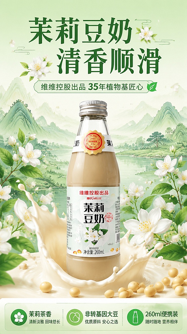 拼多多风格茉莉豆奶电商详情页首屏海报，9:16竖版，清新淡雅风格。画面主体是一瓶维维控股出品的维氏WELLSS茉莉豆奶玻璃瓶产品，置于茉莉花丛与豆奶飞溅的清新场景中，背景为淡绿色渐变与水墨山水元素。顶部大字标题："茉莉豆奶 清香顺滑"，副标题："维维控股出品 35年植物基匠心"，底部突出卖点："茉莉茶香 非转基因大豆 260ml便携装"。整体色调清新自然，符合拼多多食品饮料详情页首屏视觉风格，产品清晰突出，文字醒目有吸引力。