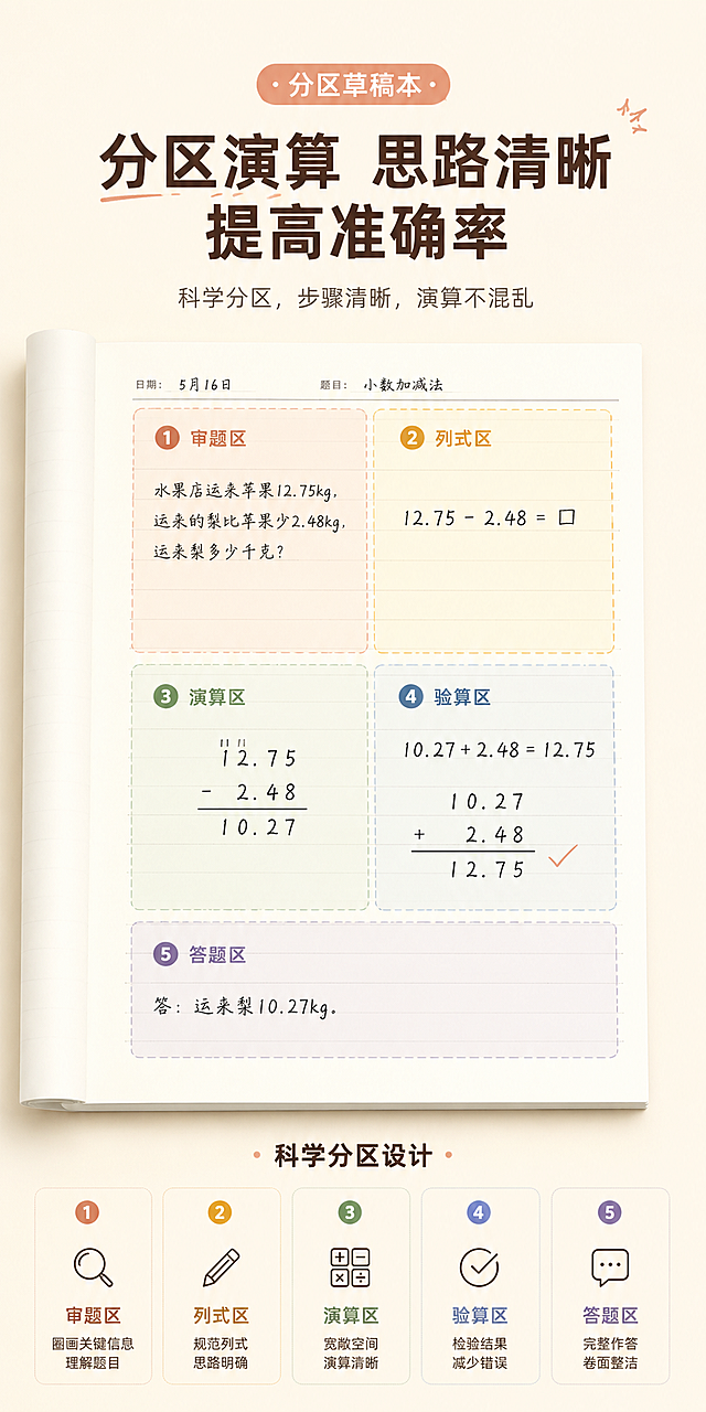 小学生分区草稿本详情页第三屏，标题"分区演算 思路清晰 提高准确率"，展示草稿本分区书写页面内容，展示分区设计，简约ins风排版，暖米色背景