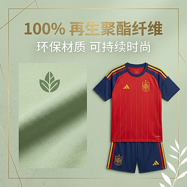 「图片1」严格还原上传的产品图，包括颜色、LOGO 位置、文字内容、图案元素等所有细节，产品为 2026 美加墨世界杯西班牙国家队主场足球服套装（上衣 + 短裤），，尺寸比例保持 1:1。视觉风格采用简约轻奢（细质轻奢风 + 哑光质感风 + 极简几何风），字体风格使用无衬线极简文字 + 鎏金烫金质感文字。主标题："100% 再生聚酯纤维"，副标题："环保材质 可持续时尚"。信息布局：面料纹理特写与绿色树叶元素结合，右侧展示完整套装。主标题位于顶部居中，鎏金烫金质感；副标题位于主标题下方，白色无衬线字体。排版形式：居中对称排版 + 大小层级排版。设计感强调：融入自然绿色元素，传递环保理念，整体色调清新自然，与产品的热烈红色形成对比。