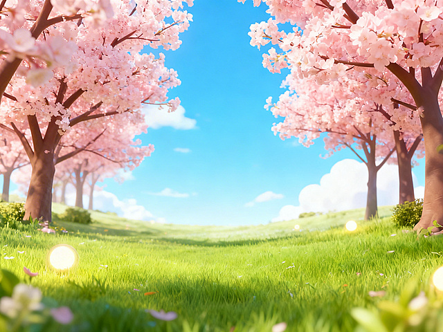 去除画面里的IP形象、食物和野餐垫，保留樱花树林、草地、暖阳的场景，整体保持原有的Soft3D治愈风格