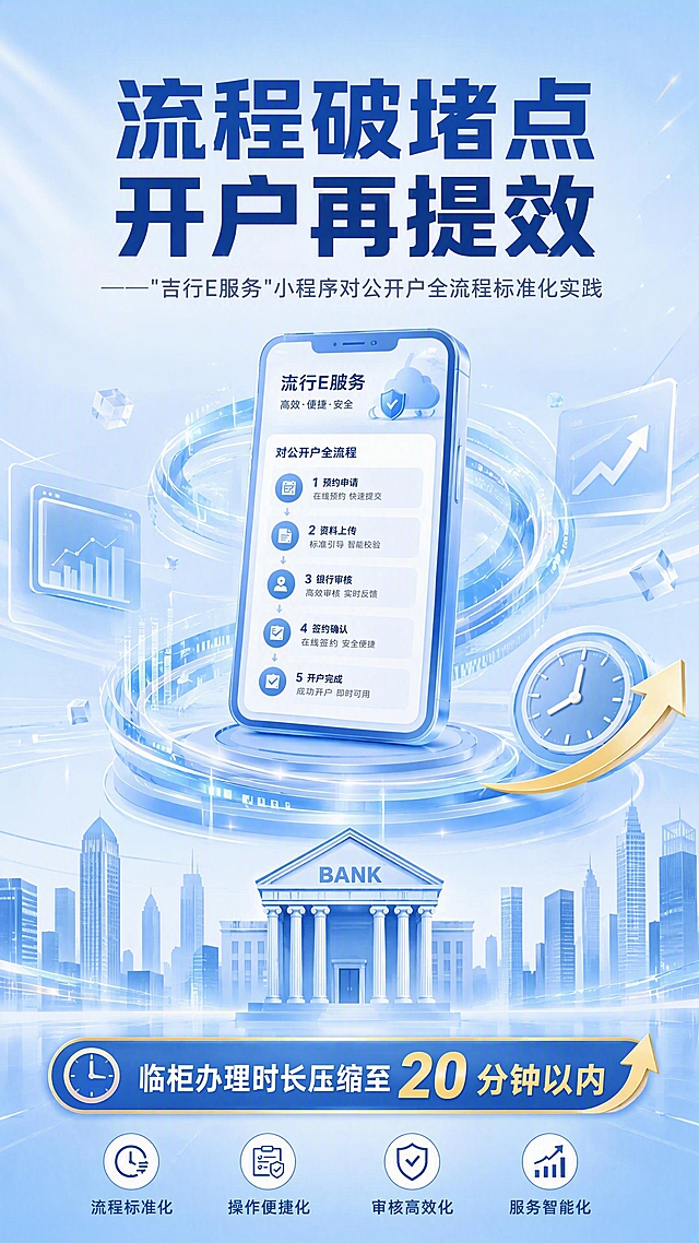 第1张 详情页头图——吉行E服务小程序对公开户全流程标准化宣传主视觉。
[氛围/风格] 商务大气金融风，浅蓝色系，简洁专业，科技感与信任感兼具，银行宣传海报质感。
[元素布局] 画面中央偏上展示抽象化的手机小程序界面图标，周围环绕流动的数据流线条与几何图形；背景为渐变浅蓝色，带有细微的网格纹理和光晕效果；底部有抽象的银行建筑轮廓或城市天际线剪影；画面中点缀代表效率提升的箭头图标和时钟元素。
[光影质感] 顶部柔和主光，整体明亮通透，蓝色光晕点缀，科技感光效，层次分明。
[配色色系] 全局底色 #E8F2FB 浅蓝渐变；主色 #1E6FB5 深蓝；辅助色 #4A90D9 中蓝、白色；点缀色 #FFD700 金色。
[视角构图] 竖版构图，中心视觉聚焦，阅读动线从上到下，顶部标题→中部视觉→底部副标题。
[文字版式] 顶部大标题「流程破堵点 开户再提效」，加粗深蓝色大字，居中排列；主标题下方副标题「——"吉行E服务"小程序对公开户全流程标准化实践」，稍小字号灰色；底部信息条标注「临柜办理时长压缩至20分钟以内」金色强调；文字清晰醒目，不遮挡主体视觉。
[比例分辨率] 9:16竖版比例，4K分辨率，文字清晰可辨，高清画质。
[负向提示词] 变形，水印，文字错乱，文字过小，颜色偏差，背景杂乱，人物面部模糊，低质量。