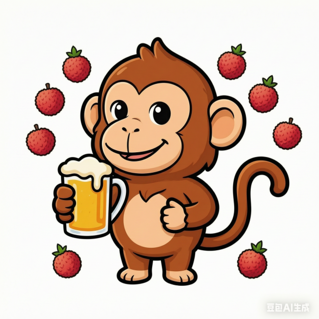 参考大象、孔雀图片的矢量卡通风格，设计长尾猿主题的IP插画，一只长尾猿手里拿着啤酒杯，旁边有水菠萝水果作为陪衬，纯色背景，高清晰大图，矢量卡通风格预览效果