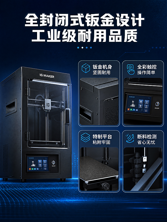[商品] 使用【图1】极光尔沃A6 Pro黑色全封闭桌面级3D打印机；保留黑色机身、透明舱门、顶部IG MAKER Logo、底部彩色触控屏与按键、侧面把手、散热格栅；保持产品结构、比例、颜色和材质一致，增强钣金金属质感。
[画面] 第4张 结构细节页 目标展示全封闭式钣金设计与工业级品质。多细节宫格型版式，左侧产品大图，右侧细节卡片矩阵。产品位于画面左侧，侧面45度角展示，突出钣金机身结构和散热设计，占画面约45%。右侧4个细节卡片2x2排列，分别展示全封闭钣金机身结构、彩色触控屏操作界面、FA特制平台细节、断料检测传感器位置。每个卡片为局部特写放大图，配短标签说明。背景为深蓝渐变，带金属质感纹理。
[视觉] 套系策略：风格=深色科技工业风商业摄影；标题字=无衬线粗黑体；正文字=无衬线常规体；主色=深海蓝；背景延展=基于深海蓝做深浅渐变、科技网格和光粒子质感；强调色=冰蓝色，仅用于图标、引线、数据高亮和光效；标题色=纯白色；正文色=浅灰蓝色；组件=圆角半透明信息卡、细线引线、科技感图标；光影=左侧主光突出钣金质感，右侧柔和补光。
[文字] 上方主标题"全封闭式钣金设计 工业级耐用品质"，右侧4个细节卡片各有短标题，如"钣金机身 坚固耐用""全彩触控 操作简单""特制平台 粘附牢固""断料检测 省心无忧"。文字清晰，层级分明。
[规格] 图片比例3:4竖版，4K，避免变形、错字、文字过小、细节模糊、水印、平台Logo、绝对化用语。