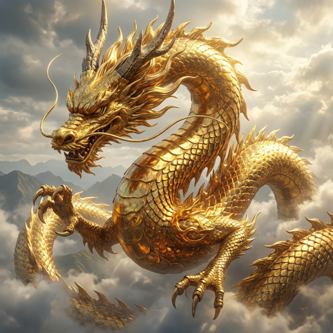 一条中国黄金龙，龙身覆盖着金色的鳞片，鳞片在光线下闪耀着金属光泽，龙角峥嵘，龙须飘逸，龙爪锋利，姿态威严，仿佛在云海中盘旋，充满力量感和神圣感预览效果