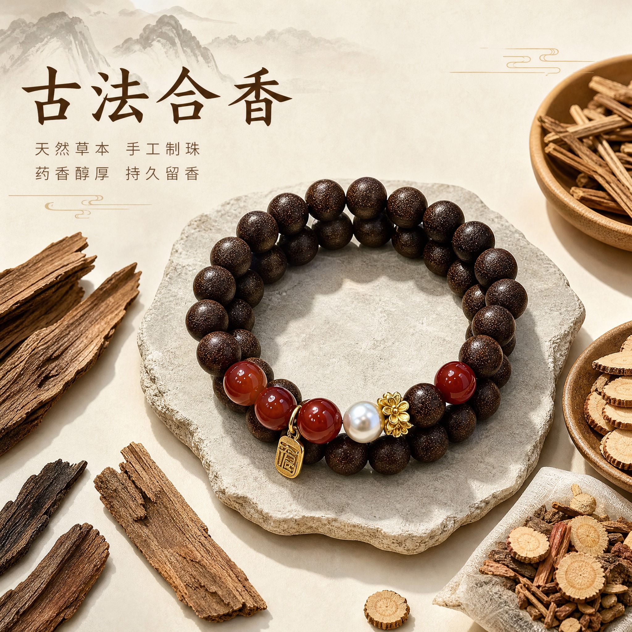 [主图-2] 核心亮点，展示草本合香材质与古法工艺，突出天然药… - 图片创意预览