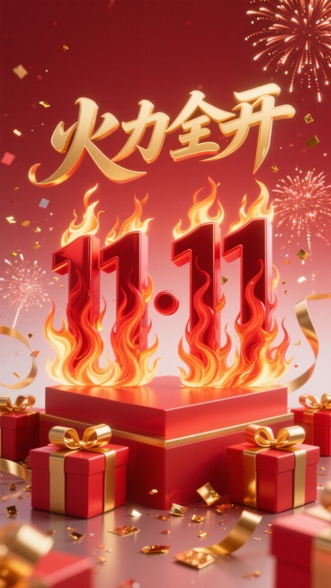 红色火焰立体字 “11·11” ，上方搭配金色 “火力全开” 艺术字。周围环绕红金礼盒、金色丝带、烟花、碎金片，背景为红色渐变预览效果