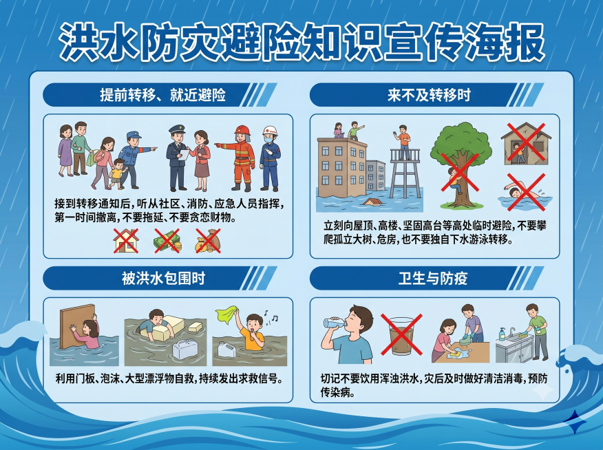 当洪水来临，遵循 “提前转移、就近避险” 原则。接到转移通知后，听从社区、消防、应急人员指挥，第一时间撤离，不要拖延、不要贪恋财物。
来不及转移时，立刻向屋顶、高楼、坚固高台等高处临时避险，不要攀爬孤预览效果