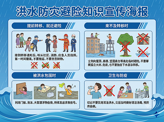当洪水来临，遵循 “提前转移、就近避险” 原则。接到转移通知后，听从社区、消防、应急人员指挥，第一时间撤离，不要拖延、不要贪恋财物。
来不及转移时，立刻向屋顶、高楼、坚固高台等高处临时避险，不要攀爬孤立大树、危房，也不要独自下水游泳转移。被洪水包围时，利用门板、泡沫、大型漂浮物自救，持续发出求救信号。切记不要饮用浑浊洪水，灾后及时做好清洁消毒，预防传染病。
 根据这段文字生成一张图片，颜色可以为蓝色的，图片的可读性要强，生成的图片要有创意