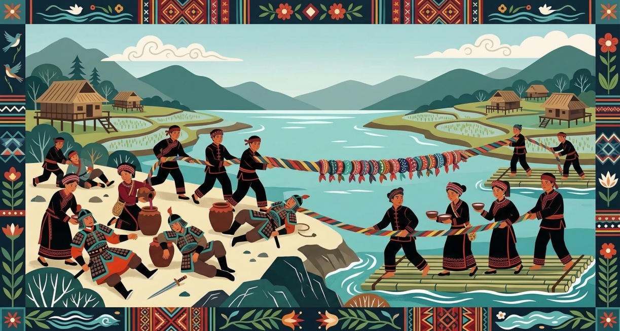 拉祜族史诗绘本插画，拉祜族人来到糯弄糯谢湖边，也就是洱海和滇池，强壮男子返回营救被俘虏的妇女，里应外合，妇女们用酒灌醉官兵，男人们用九十九条拉祜族包头接在一起救出妇女，以此纪念拉祜族包头九十九条的起源预览效果
