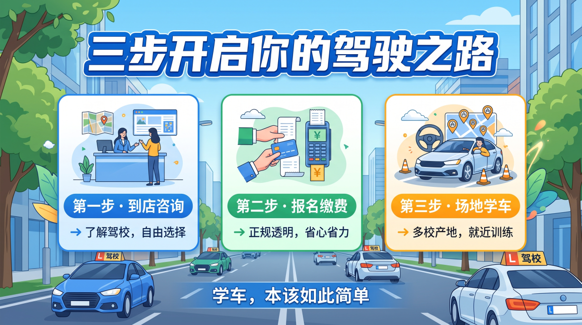 三步开启你的驾驶之路
第一步 · 到店咨询 → 了解驾校，自由选择
第二步 · 报名缴费 → 正规透明，省心省力
第三步 · 场地学车 → 多校产地，就近训练
学车，本该如此简单  生成16：9的墙纸预览效果