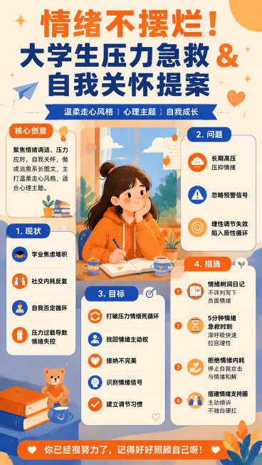 参考第二张图片的排版风格，将第一张图片《情绪不摆烂！大学生压力急救 & 自我关怀提案》的核心内容进行排版重新生成海报，风格为橙蓝拼色扁平插画，温柔治愈，包含完整标题"情绪不摆烂！大学生压力急救 & 自预览效果