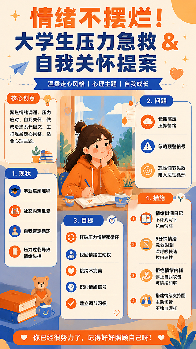 参考第二张图片的排版风格，将第一张图片《情绪不摆烂！大学生压力急救 & 自我关怀提案》的核心内容进行排版重新生成海报，风格为橙蓝拼色扁平插画，温柔治愈，包含完整标题"情绪不摆烂！大学生压力急救 & 自我关怀提案"，内容包含核心创意、现状、问题、目标、措施五个模块，现状为：学业焦虑堆积、社交内耗反复、自我否定循环，压力过载导致情绪失控；问题为：长期高压压抑情绪，忽略预警信号，理性调节失效陷入恶性循环；目标为：打破压力情绪死循环，找回情绪主动权，接纳不完美，识别情绪信号，建立调节习惯；措施为：1.情绪树洞日记：不评判写下负面情绪 2.5分钟情绪急救时刻：深呼吸快速拉回理性 3.拒绝情绪内耗：停止自我攻击与情绪和解 4.搭建情绪支持圈：主动倾诉不独自硬扛，整体风格和第二张海报一致，暖色调，温馨治愈，信息层级清晰，底部标注"你已经很努力了，记得好好照顾自己呀！"