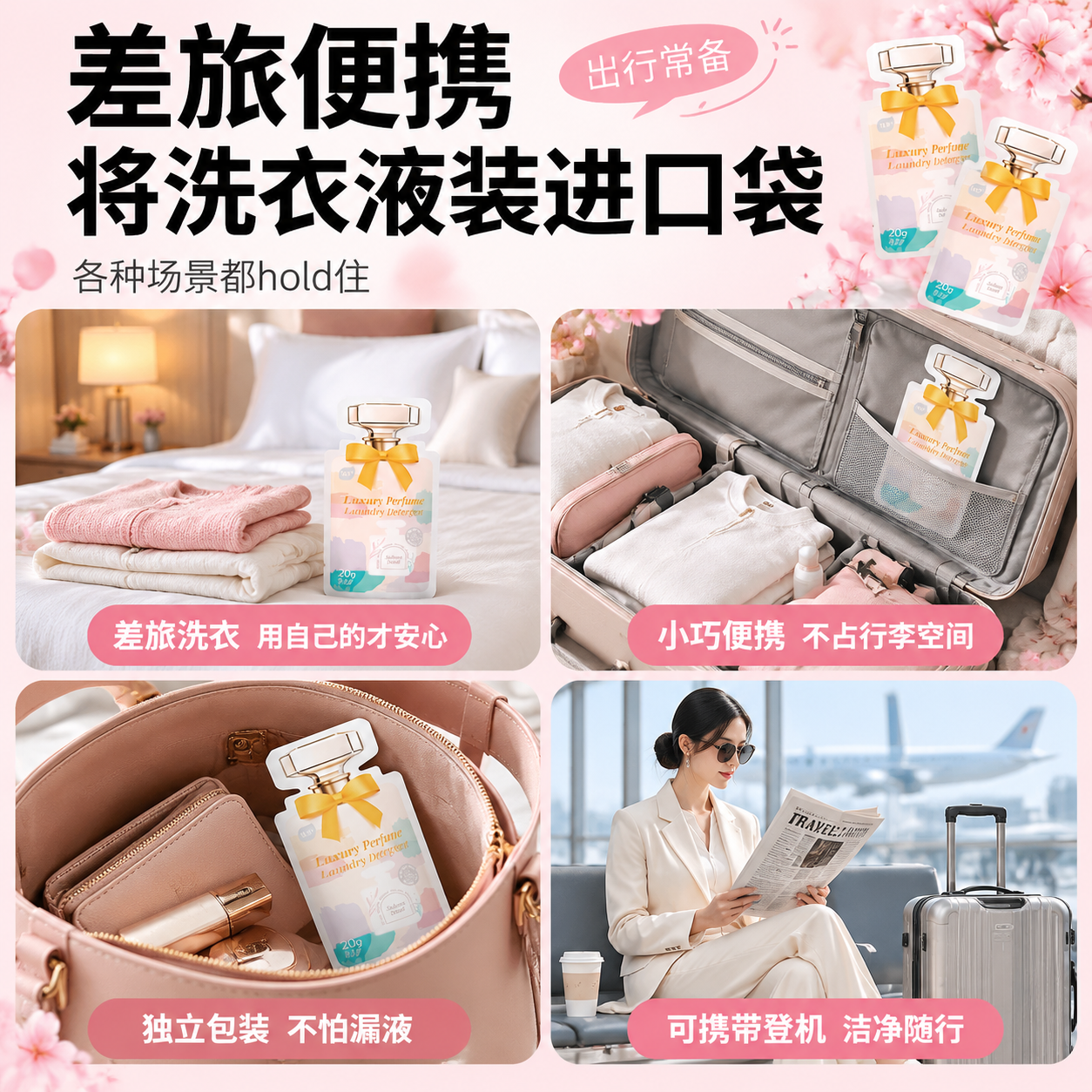 [主图-4] 差旅便携多场景宫格图，主题为展示洗衣液在差旅出行… - 图片创意预览