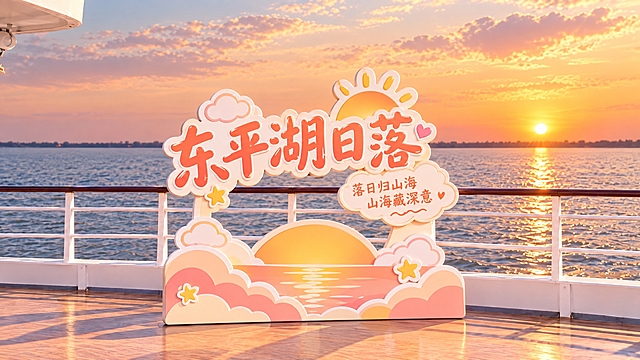 参考三张图的清新治愈卡通立体字风格，生成第四个东平湖日落主题立体字打卡牌：不要镂空，只有字体造型，PVC立体字，日落云朵+半圆落日造型底座，主文字"东平湖日落"，辅助小字"落日归山海 山海藏深意"，装饰元素：小落日、小云朵、小星星、小爱心，橘粉色+奶白马卡龙配色，温暖治愈，简约大气不花哨，文旅风，适合单人打卡，尺寸适中。牌子镶嵌在游船白色栏杆上，后面是辽阔的东平湖湖面，黄昏日落暖金色，真实自然的游船甲板场景，透视准确，光影温暖，高清2K