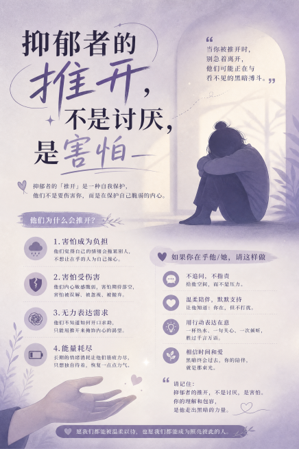 竖版抑郁心理科普朋友圈海报，主题抑郁者推开行为解读，柔和暖紫灰色调舒适配色，标题"抑郁者的推开，不是讨厌，是害怕"做新颖设计感排版，全文文字清晰完整呈现，搭配蜷缩在抱膝盖的人形剪影、带距离的半开手创意预览效果