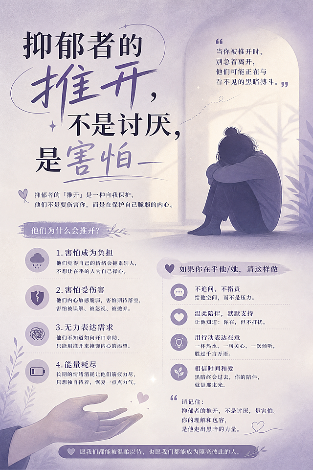 竖版抑郁心理科普朋友圈海报，主题抑郁者推开行为解读，柔和暖紫灰色调舒适配色，标题"抑郁者的推开，不是讨厌，是害怕"做新颖设计感排版，全文文字清晰完整呈现，搭配蜷缩在抱膝盖的人形剪影、带距离的半开手创意元素，排版舒适有设计感，温馨治愈包容风格