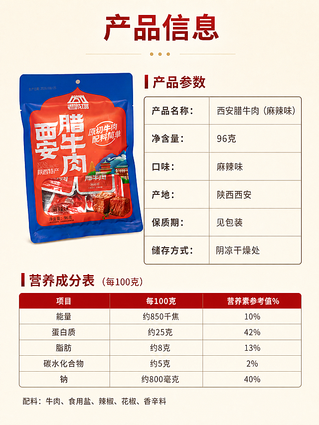 [商品] 使用【图1】西安腊牛肉外袋包装图作为产品展示；保留包装袋完整结构、红蓝配色、所有包装文字、Logo、净含量信息；产品外观不修改、不重绘、不调色；缩小放置于左侧或顶部。
[画面] 规格参数页，规格营养同页型版式；左侧约35%为产品小图展示，右侧约65%为规格参数与营养成分表；或上方产品小图，下方参数表格；产品占画面约30%；阅读动线从产品到参数表格；背景为简洁浅米色或浅木色底色，干净整洁。
[视觉] 套系策略：风格=特产中式电商风，简洁排版无多余装饰；标题字=商用免费中式黑体粗体（思源黑体Bold）；正文字=商用免费无衬线体（思源黑体Regular）；主色=中国红+深棕木色；背景延展=浅米色干净底色，简洁信息页风格；强调色=暗金色；标题色=中国红；正文色=深棕灰；组件=简洁表格线、表头红底白字；光影=均匀平光，信息清晰可读。
[文字] 顶部主标题"产品信息"；下方分两个区块：1."产品参数"表格：产品名称：西安腊牛肉（麻辣味）、净含量：96克、口味：麻辣味、产地：陕西西安、保质期：见包装、储存方式：阴凉干燥处；2."营养成分表"表格（每100克）：能量约850千焦、蛋白质约25克、脂肪约8克、碳水化合物约5克、钠约800毫克；表格表头红底白字，内容深灰字；底部小字"配料：牛肉、食用盐、辣椒、花椒、香辛料"；所有文字横向排版，表格清晰手机端可读。
[规格] 图片比例3:4竖版，宽度750px，分辨率2K，负向提示：避免产品变形、包装文字错乱、重绘、调色、竖排文字、极限词、虚假营养数据（数值为参考示意）。