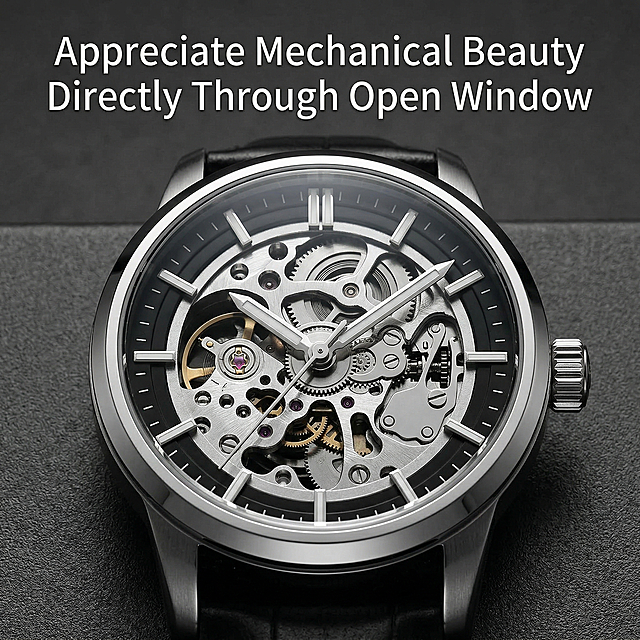 Amazon cross-border e-commerce main image, the second image of the set. A close-up shot of the watch assembled with this hollow dial placed on a minimalist dark gray background. Highlight the open window design, through which the mechanical structure of the NH movement can be clearly seen. Place the core slogan "Appreciate Mechanical Beauty Directly Through Open Window" at the top, English sans-serif white font, minimalist high-end style, highlight the core selling point of mechanical aesthetic, product structure matches the original reference picture.