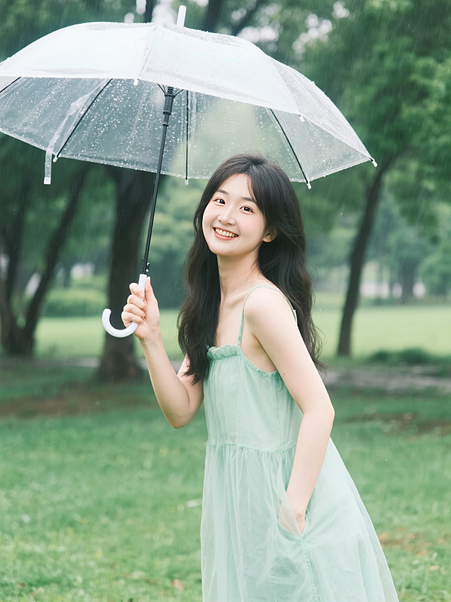 雨中绿裙少女，透明伞下清新唯美，自然实景文艺风。