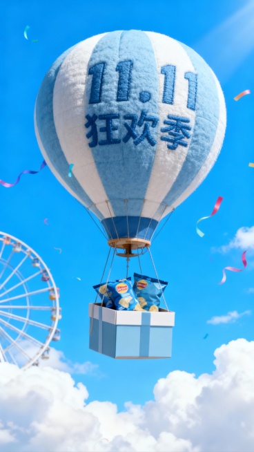 一个带有主体配色的大型热气球，吊篮为礼盒样式，礼盒里放着图中所有物品，气球上绣着“11.11 狂欢季”，背景展示高饱和蓝天、摩天轮、云朵、彩带等元素，营造出活泼、精致的氛围。预览效果