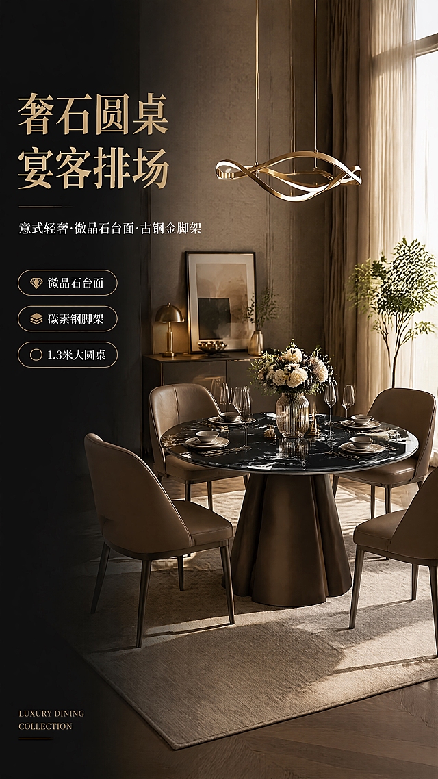 [第1张] 详情页头图-意式轻奢微晶石圆形餐桌餐厅整屋场景主视觉。本张使用【图1】作为商品主体，黑玫瑰色台面+古铜金脚架圆桌。
[氛围/风格] 意式轻奢高级感，暖调自然光，商业摄影质感，高端家居生活方式氛围。
[元素布局] 左文右景版式，左侧约1/3竖列文案区，右侧约2/3为现代轻奢餐厅大场景；餐桌置于场景中央偏右，占比约50%，搭配4把轻奢餐椅，桌上摆放精致餐具、花艺装饰；背景有餐边柜、艺术吊灯、装饰画、绿植等软装元素，三层视觉层次分明；圆桌台面为黑玫瑰色微晶石，纹理自然流动，脚架为古铜金碳素钢+不锈钢材质，产品物理结构、比例轮廓、材质质感与输入图一致。
[光影质感] 右侧暖调自然光从窗户洒入，主光柔和，辅光补亮暗部，桌面有自然高光反射，脚架金属质感清晰，整体光影层次丰富，温暖高级。
[配色色系] 全局底色#1A1A1A深黑过渡；主色黑金棕（黑玫瑰台面+古铜金脚架+深棕软装）；辅助色暖米白、低饱和灰。
[视角构图] 45°斜侧视角，景深适中，产品为视觉中心，阅读动线左侧标题→右侧餐桌场景。
[文字版式] 左侧竖列文案区，主标题「奢石圆桌 宴客排场」，副标题「意式轻奢·微晶石台面·古铜金脚架」，下方3条亮点胶囊框「微晶石台面」「碳素钢脚架」「1.3米大圆桌」，底部英文角标「LUXURY DINING COLLECTION」；文字不遮挡产品主体，字体为现代轻奢衬线+无衬线组合，金色标题+白色正文。
[比例分辨率] 9:16竖版比例，4K分辨率，文字清晰可辨，高清画质。
[负向提示词] 产品变形，缺件错件，结构错误，颜色偏差，水印，文字错乱，文字过小，产品图模糊，背景杂乱，人物变形。