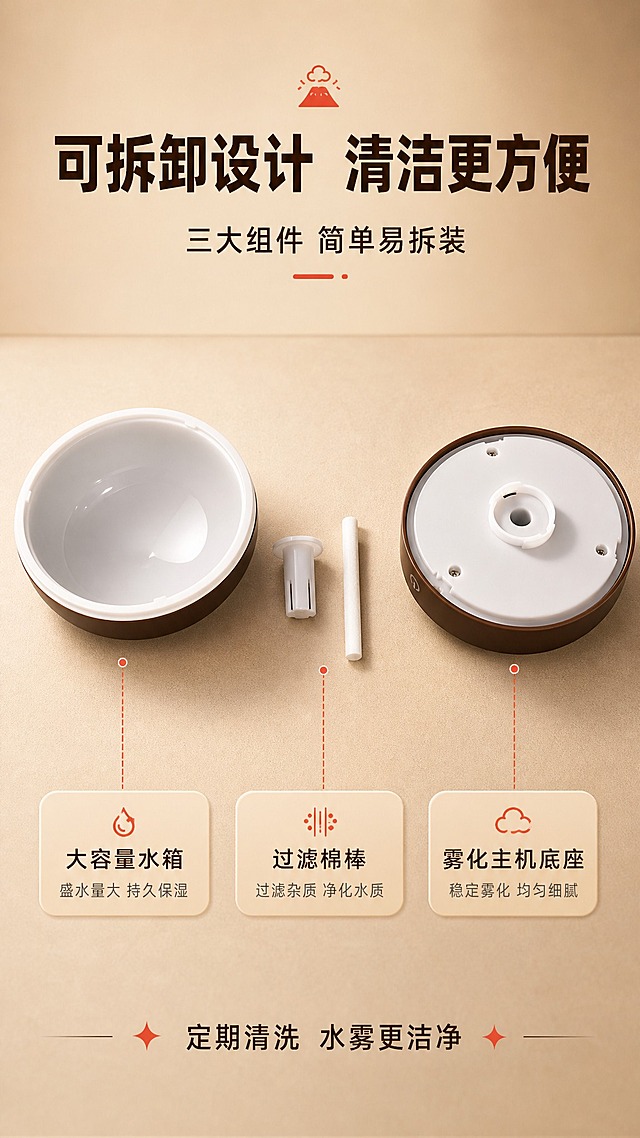 [商品] 使用【图4】火山加湿器拆解组件；保留左侧半球形水箱（白色内壁+棕色外壁）、中间白色棉棒与白色滤芯座、右侧主机底座（白色内底+棕色外壁+三个螺丝孔）；各部件按组装顺序横向排列，清晰展示内部结构。
[画面] 内部结构拆解页，横向平铺展示三大组件：水箱、过滤棉棒、主机底座；背景为浅棕色哑光台面，每个部件下方有对应名称标签；上方留白放标题与说明文案。
[视觉] 套系策略：风格=温馨治愈家居商业摄影；标题字=粗黑体；正文字=常规黑体；主色=深棕木纹色；背景延展=基于深棕做暖棕渐变、浅棕哑光台面质感；强调色=熔岩暖红色，仅用于小面积图标、引线和标签；标题色=深棕色；正文色=暖灰色；组件=圆角浅棕信息卡、细线引线；光影=顶部均匀暖柔光，部件下方有自然投影。
[文字] 顶部主标题"可拆卸设计 清洁更方便"，副标题"三大组件 简单易拆装"；三个部件下方分别标注：大容量水箱 / 过滤棉棒 / 雾化主机底座；底部补充"定期清洗 水雾更洁净"小字说明；文字全部横排。
[规格] 图片比例9:16竖版，resolution=2K，避免变形、错字、文字过小、冷蓝背景、部件缺失或结构错乱。