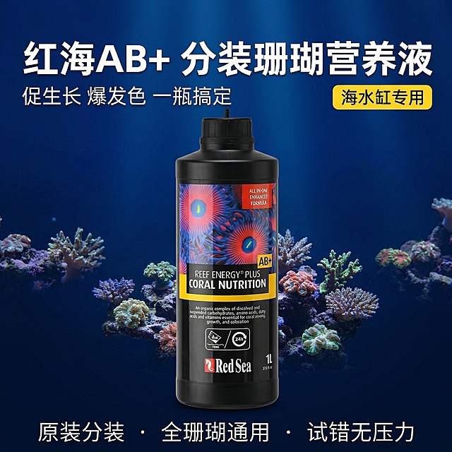 [垫图] https://gdesign-dam-hz.dancf.com/35965341965600884/ae5a6bf734ea494a85d3b22ac903d09a.jpg
[主图主题] 红海AB+分装珊瑚营养液主图
[氛围/风格] 简约专业水族风格，干净通透
[画面元素] 红海AB+珊瑚营养液瓶身居中展示，背景为干净的深蓝海水缸场景，清澈透亮，带有少量彩色珊瑚点缀，光影柔和自然，背景铺满全屏无边框，产品主体占比约60%，保持产品外观与原图一致。
[配色色系] 主色调：深海蓝；辅助色：产品标签红黄色，珊瑚彩色点缀
[视角构图] 正前方平视，景深适中
[文字版式] 主标题 "红海AB+ 分装珊瑚营养液" 放置在画面左上角，加粗无衬线字体白色，副标题 "促生长 爆发色 一瓶搞定" 在主标题下方，小号字体；右上角黄底黑字标签 "海水缸专用"；底部三列卖点 "原装分装 · 全珊瑚通用 · 试错无压力"，细体白色字。文字均悬浮于背景，不遮挡产品主体，版式平衡舒适。
[比例分辨率] 2048*2048px，2k分辨率